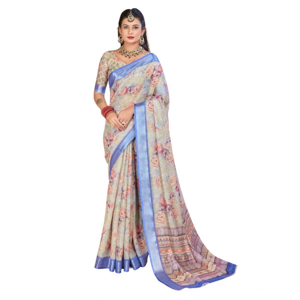 Women's Printed Cotton Linen Saree withPrinted Saree With Unstitched Blouse (Beige, 5-6Mtrs)