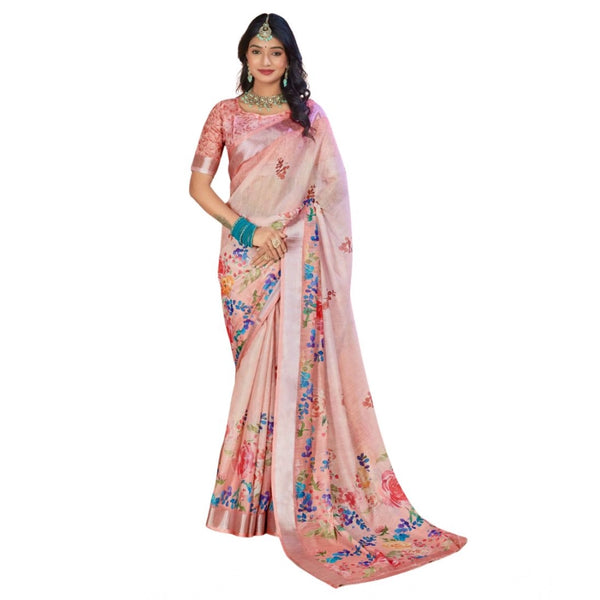 Women's Printed Cotton Linen Saree withPrinted Saree With Unstitched Blouse (Pink , 5-6Mtrs)