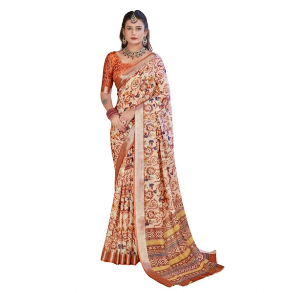 Women's Printed Cotton Linen Saree withPrinted Saree With Unstitched Blouse (Orange , 5-6Mtrs)