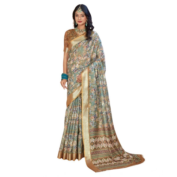 Women's Printed Cotton Linen Saree withPrinted Saree With Unstitched Blouse (Green, 5-6Mtrs)