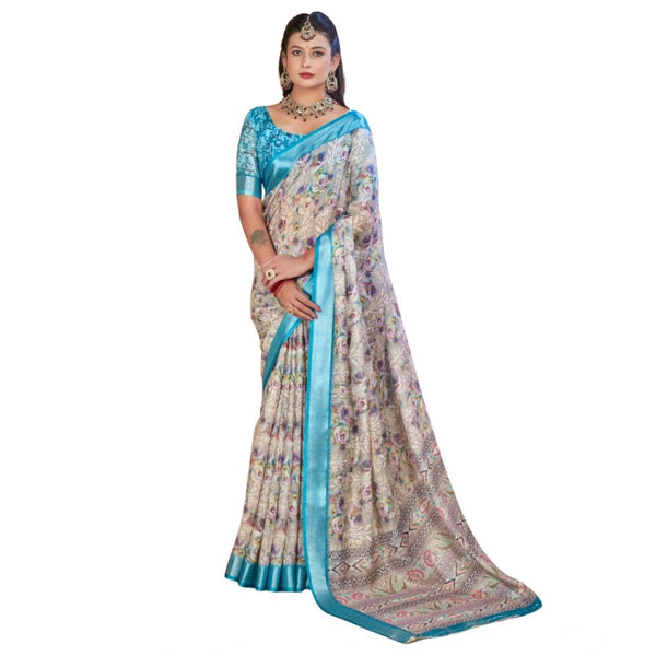 Women's Printed Cotton Linen Saree withPrinted Saree With Unstitched Blouse (Rust , 5-6Mtrs)