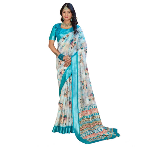 Women's Printed Cotton Linen Saree withPrinted Saree With Unstitched Blouse (Blue, 5-6Mtrs)