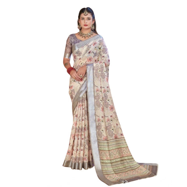 Women's Printed Cotton Linen Saree withPrinted Saree With Unstitched Blouse (Beige, 5-6Mtrs)