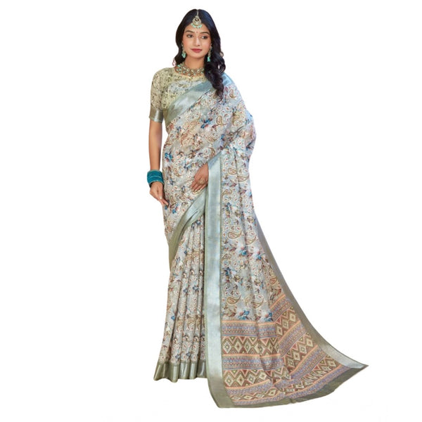 Women's Printed Cotton Linen Saree withPrinted Saree With Unstitched Blouse (Mint Green, 5-6Mtrs)