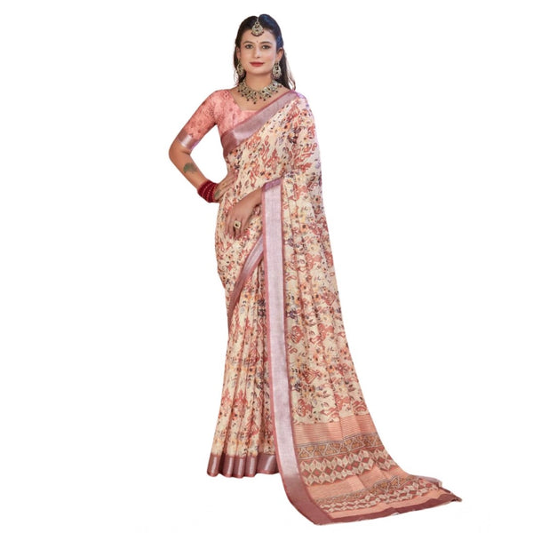 Women's Printed Cotton Linen Saree withPrinted Saree With Unstitched Blouse (Beige, 5-6Mtrs)