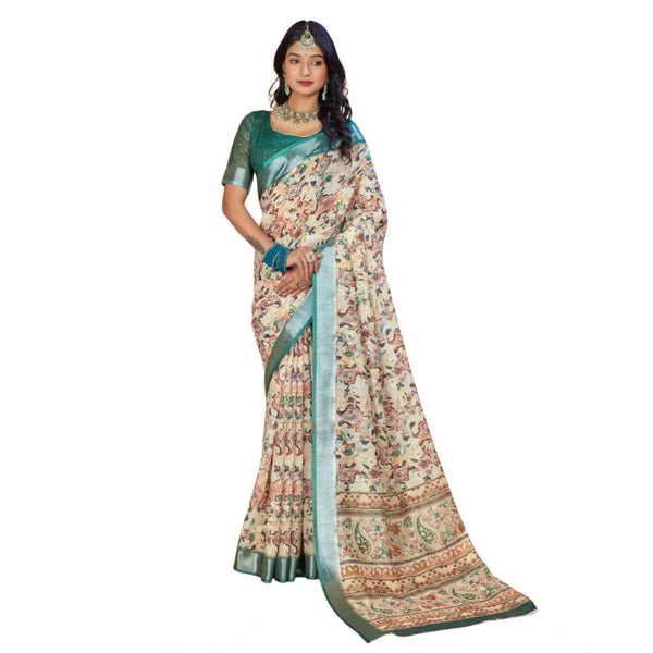 Women's Printed Cotton Linen Saree withPrinted Saree With Unstitched Blouse (Green, 5-6Mtrs)