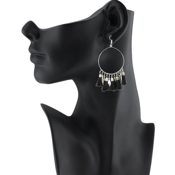 Women's Alloy Hook Dangler Hanging Tassel Fashion Earrings-Black