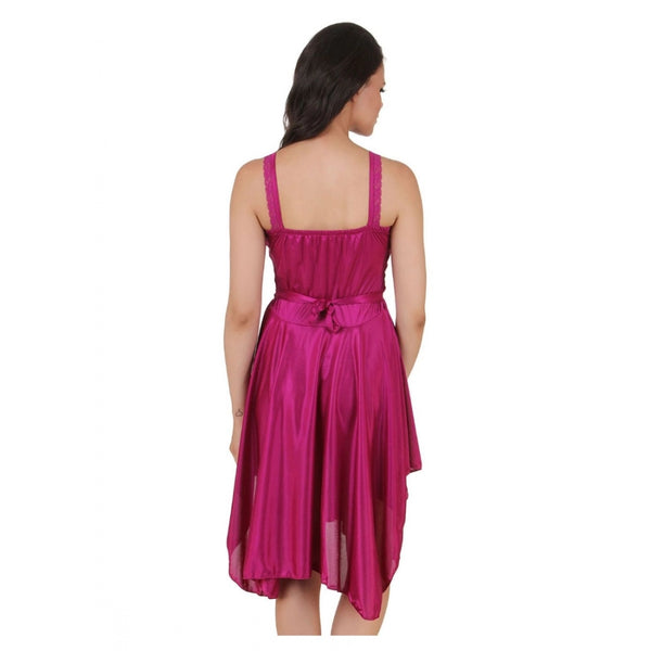 Women's Satin Short Nighty with Sleeve Less(Color: Wine, Neck Type: Square Neck)