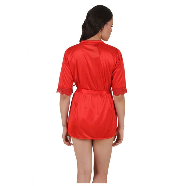 Women's Satin Babydoll Robe with Thong with Half Sleeve(Color: Red, Neck Type: V Neck)
