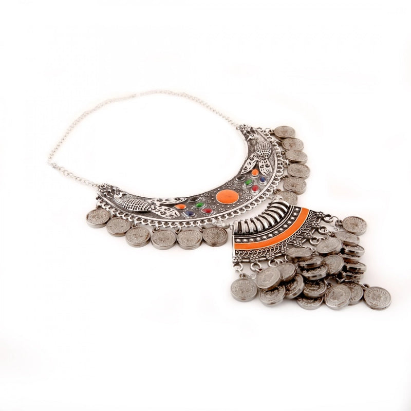 Designer Oxidised German Silver Tribal Necklace Pandeant Antique Necklace (Color: Silver)