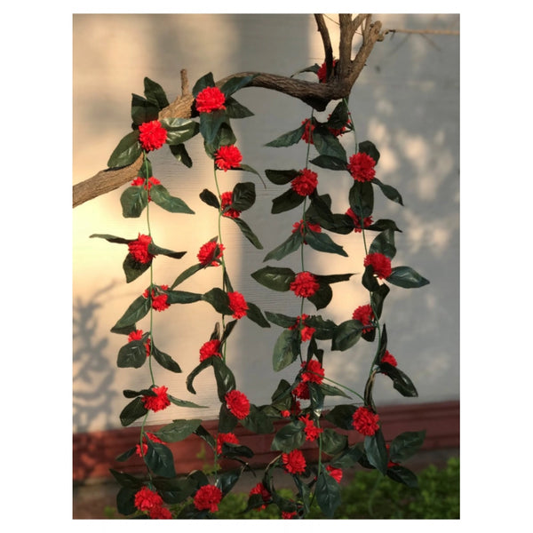 Artificial Red Marigold Genda Flower Vine Creeper With Big Green Leaves For Home Decoration (Color: Red, Material: Silk Polyester)