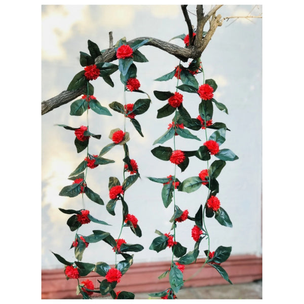 Artificial Red Marigold Genda Flower Vine Creeper With Big Green Leaves For Home Decoration (Color: Red, Material: Silk Polyester)