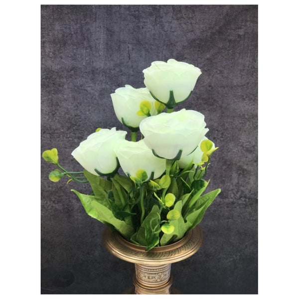 Artificial Flowers Bunch Bouquet Of 6 Garden Roses For Home Decoration (Color: White, Material: Silk Polyester)