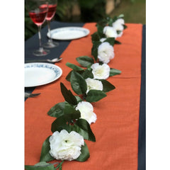 Artificial White Carnation Flower Vine Creeper With Big Green Leaves (Color: White, Material: Silk Polyester)