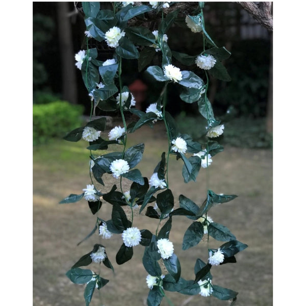 Artificial White Marigold Genda Flower Vine Creeper With Big Green Leaves For Home Decoration (Color: White, Material: Silk Polyester)