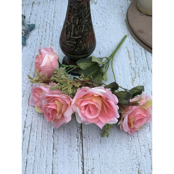 Artificial Flowers Bunch Bouquet Of 5 Vintage Garden Roses For Home Decoration (Peach Pink, Material:Silk, Polyester)