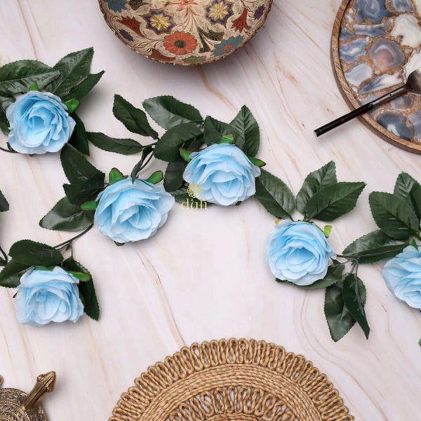 Artificial Rose Vine Flowers With Green Leaves For Home Party Garden Wall Decoration (Blue, Material:Silk, Polyester)