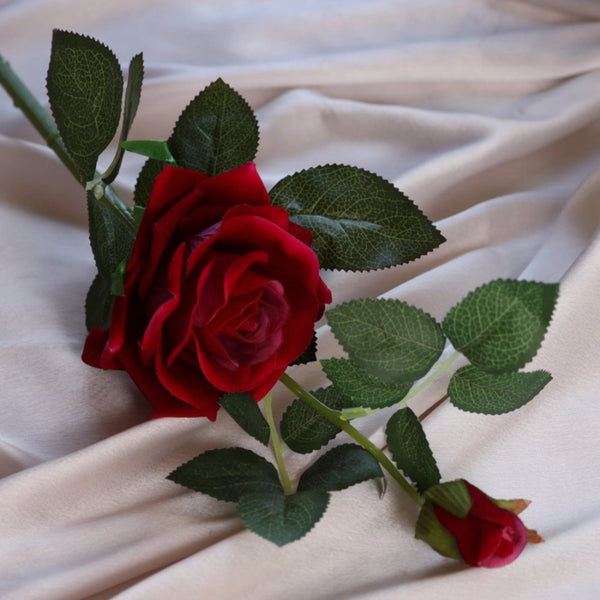 Pack Of_2 Artificial Rose Red Velvet Rose Flower Stem With Bud For Home Decoration (Red, Material:Silk, Polyester)