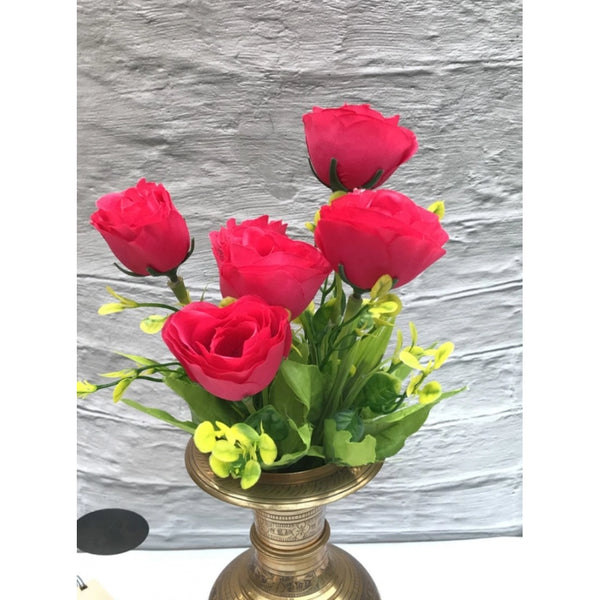 Artificial Flowers Bunch Bouquet Of 6 Garden Roses For Home Decoration (Darkpink, Material:Silk, Polyester)