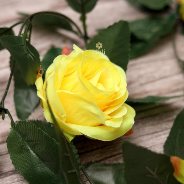 Artificial Rose Vine Flowers With Green Leaves For Home Party Garden Wall Decoration (Yellow, Material:Silk, Polyester)