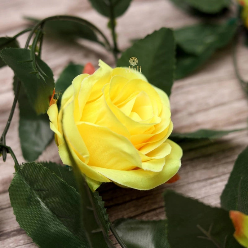Artificial Rose Vine Flowers With Green Leaves For Home Party Garden Wall Decoration (Yellow, Material:Silk, Polyester)