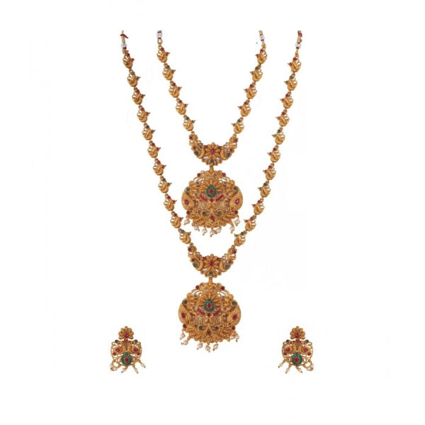 Women's Elegent And Modern Double Line Temple Jewellery Set (Red And Green, Free Size)