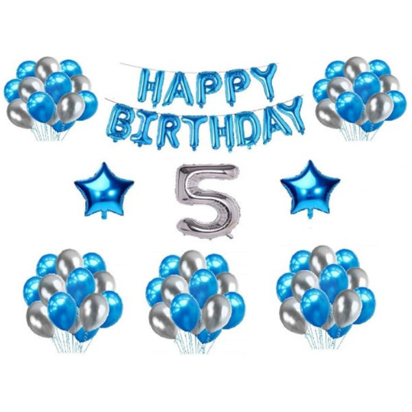 5Th Happy Birthday Decoration Combo With Foil And Star Balloons (Blue, Silver)