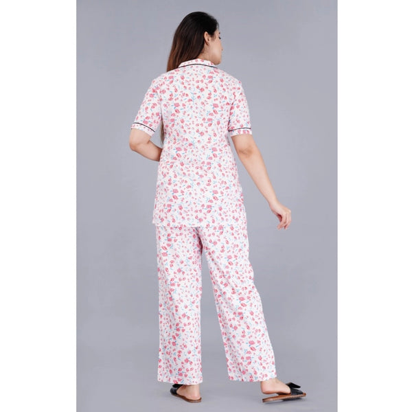 Women's Casual Half Sleeve Printed Viscose Rayon Shirt With Pyjama Pant Night Suit Set (Baby Pink)