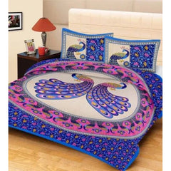 Cotton Printed Queen Size Bedsheet With 2 Pillow Covers (Blue, 90x100 Inch)