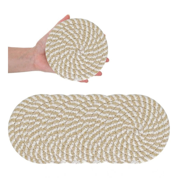 Cotton Rope Drink Coasters 6 Pcs Set (Beige White)