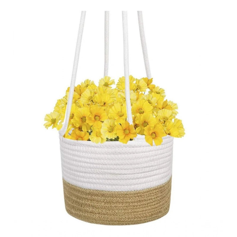 Cotton Hanging Planter Flower Basket Pack of 1 (Beige White)