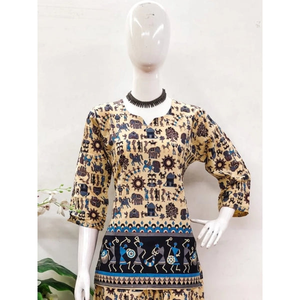 Women's Cotton Jaipuri Printed 3-4th Sleeve Co ord Set (Multicolor)