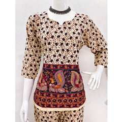 Women's Cotton Jaipuri Printed 3-4th Sleeve Co ord Set (Multicolor)