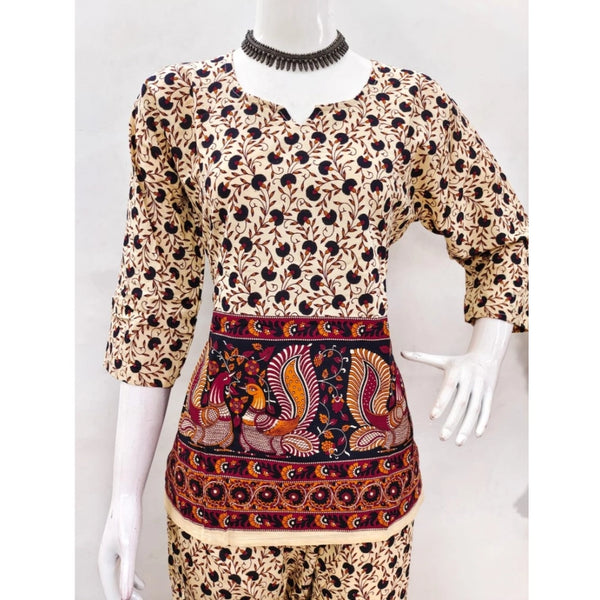 Women's Cotton Jaipuri Printed 3-4th Sleeve Co ord Set (Multicolor)