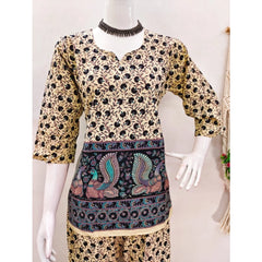 Women's Cotton Jaipuri Printed 3-4th Sleeve Co ord Set (Multicolor)