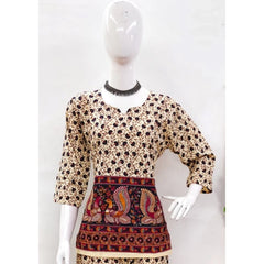 Women's Cotton Jaipuri Printed 3-4th Sleeve Co ord Set (Multicolor)