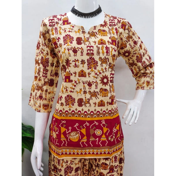 Women's Cotton Jaipuri Printed 3-4th Sleeve Co ord Set (Multicolor)
