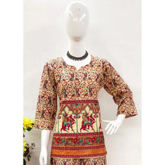 Women's Cotton Jaipuri Printed 3-4th Sleeve Co ord Set (Multicolor)