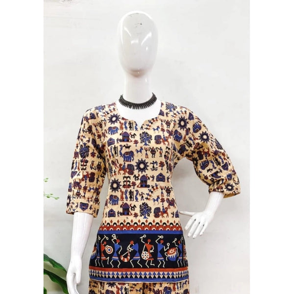 Women's Cotton Jaipuri Printed 3-4th Sleeve Co ord Set (Multicolor)