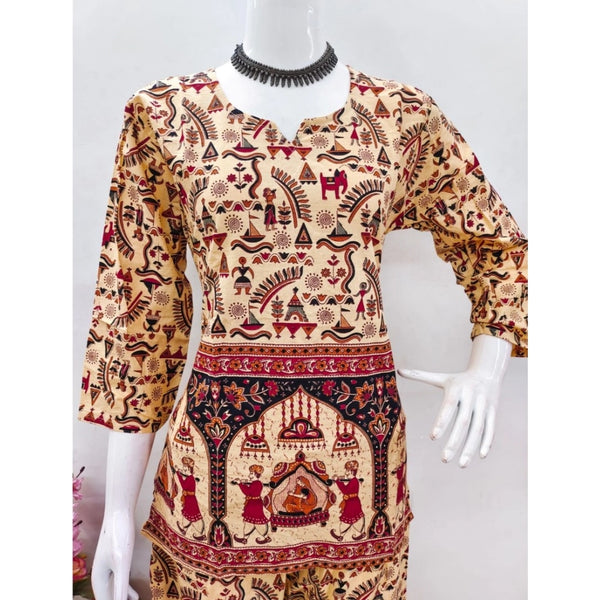 Women's Cotton Jaipuri Printed 3-4th Sleeve Co ord Set (Multicolor)