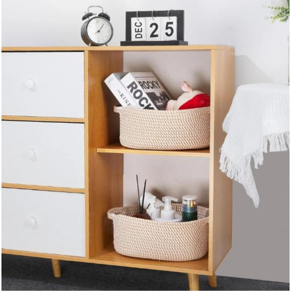 Cotton 2 Pcs Oval Basket Storage Basket For Clothes (Beige)