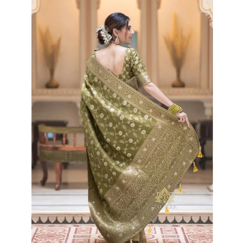 Women's Silk Woven Kanjivaram Saree With Unstitched Blouse (5.5Mtr, Mehendi Green)
