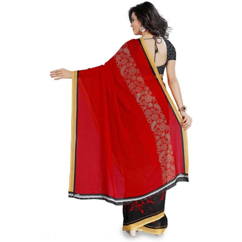 Women's Faux Georgette Printed Saree With Unstitched Blouse 5.5Mtr (Red)