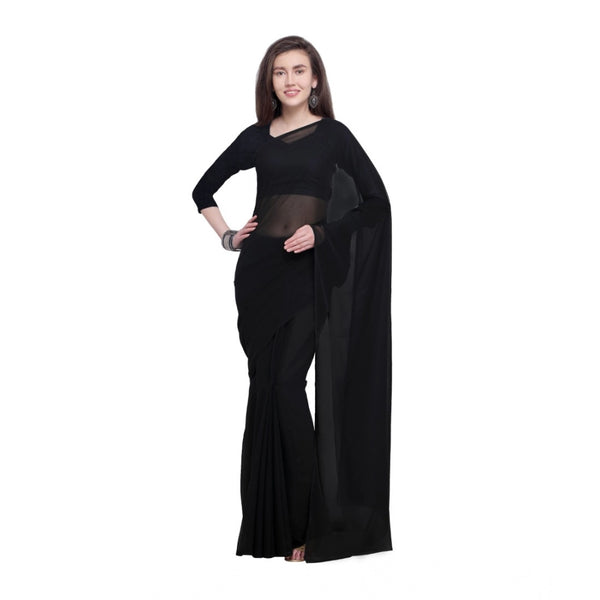 Women's Dyed Solid Saree With Unstitched Blouse 5.5Mtr (Black)