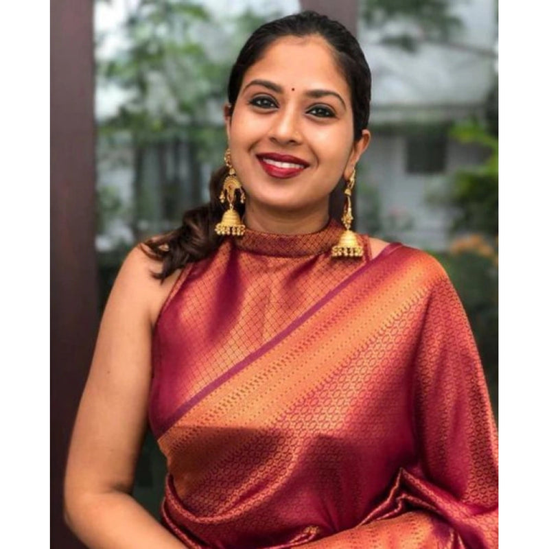 Women's Litchi silk Printed Saree With Unstitched Blouse (Red)