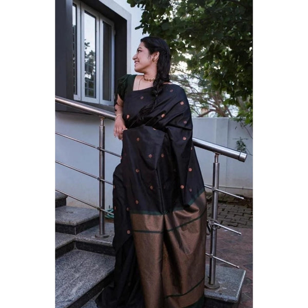 Litchi silk Printed Saree With Unstitched Blouse (Black)