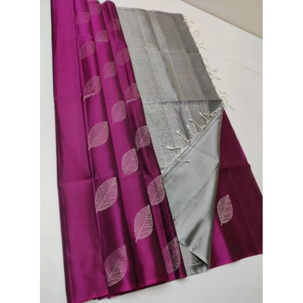 Women's Litchi silk Printed Saree With Unstitched Blouse (Magenta With Silver)