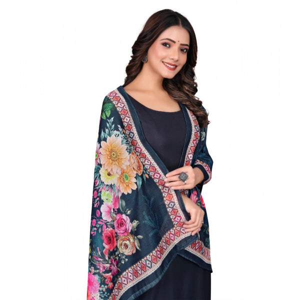 Women's chanderi silk  Printed Dupatta (Navy Blue, Length: 2 Mtr)
