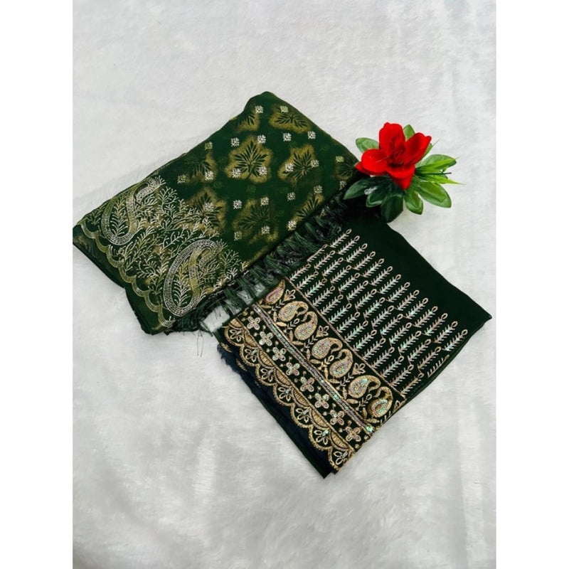 Women's Embroidered Georgette Saree With Unstitched Blouse (Dark Green, 5-6 Mtrs)