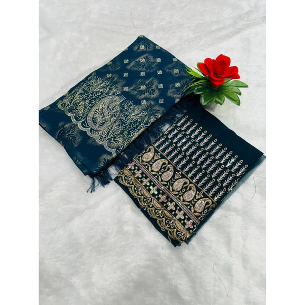 Women's Embroidered Georgette Saree With Unstitched Blouse (Dark Blue, 5-6 Mtrs)